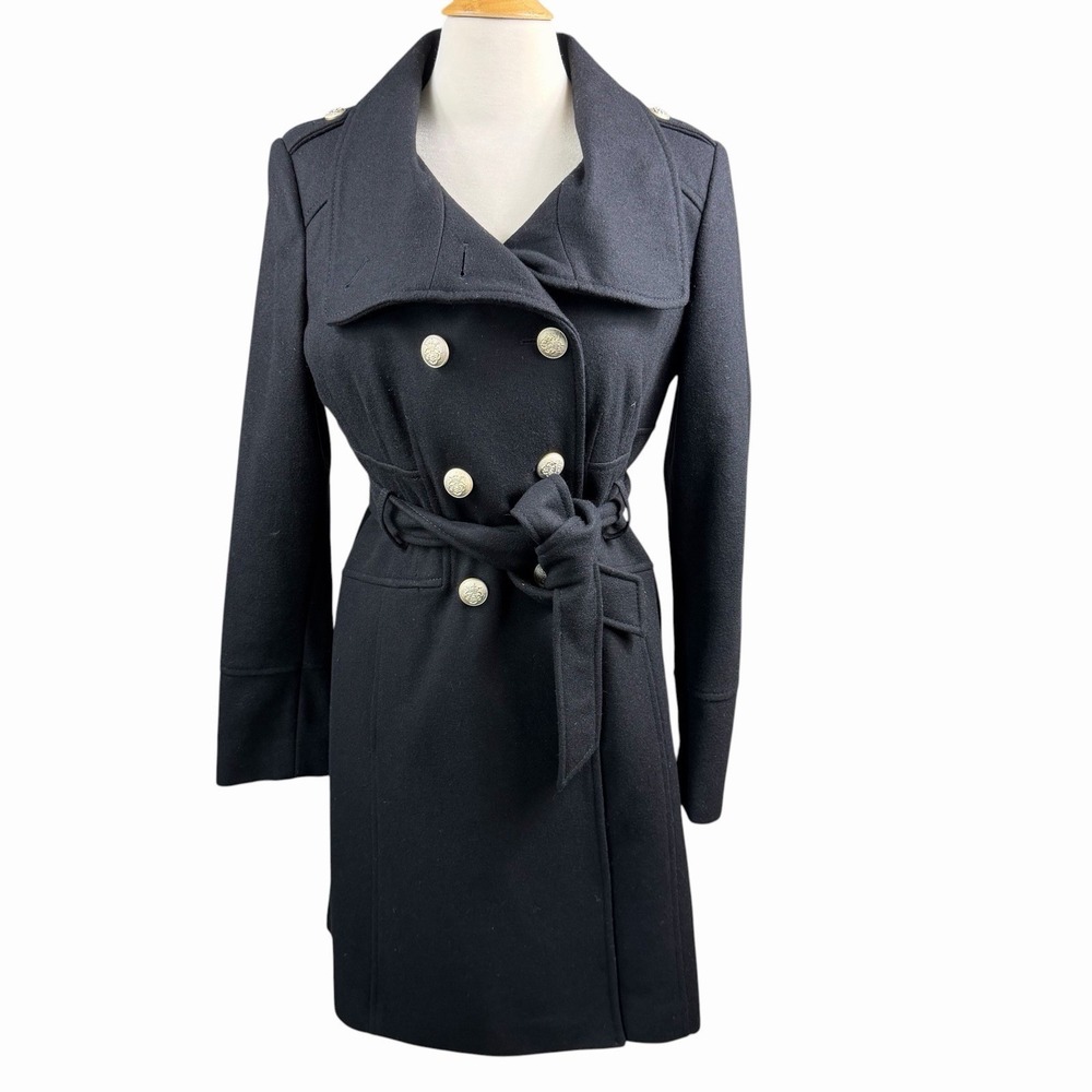 VTG Guess‎ Jacket Size Med Black Wool Blend Lined Long Peacoat Gold Buttons Y2K